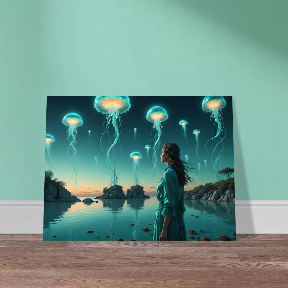 Jellyfish-themed canvas print part of Turquoise Ascension Metal Print Lagoon Dreamscape Wall Art