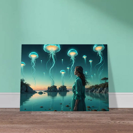 Jellyfish-themed canvas print part of Turquoise Ascension Metal Print Lagoon Dreamscape Wall Art