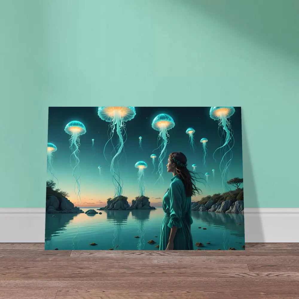 Jellyfish-themed canvas print displayed as Turquoise Ascension Lagoon Dreamscape Wall Art