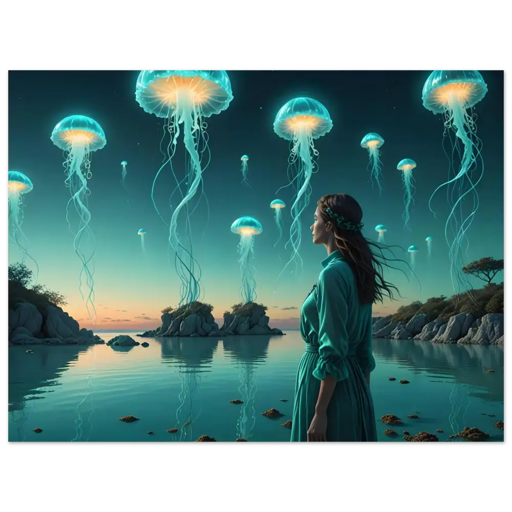 Surreal jellyfish landscape with woman on Turquoise Ascension Metal Print Lagoon Dreamscape