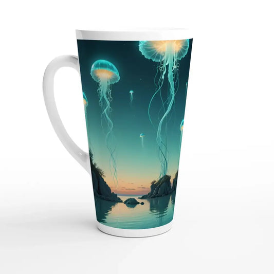 Turquoise Jellyfish Lagoon Latte Mug with Jellyfish Design in 17oz Tall Ceramic PixiOnyx Ethereal Drinkware