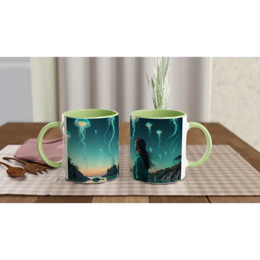 Two-toned mug with Jellyfish design from PixiOnyx Ceramic Drinkware Turquoise Lagoon