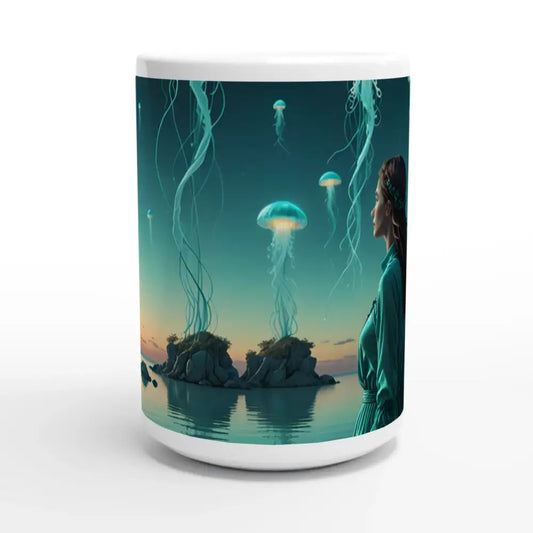 White ceramic mug with jellyfish design in Turquoise Jellyfish Lagoon Mug PixiOnyx Fantasy Drinkware