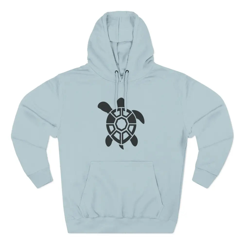 Light blue fleece hoodie with black turtle graphic, perfect for casual outings and low heat warmth