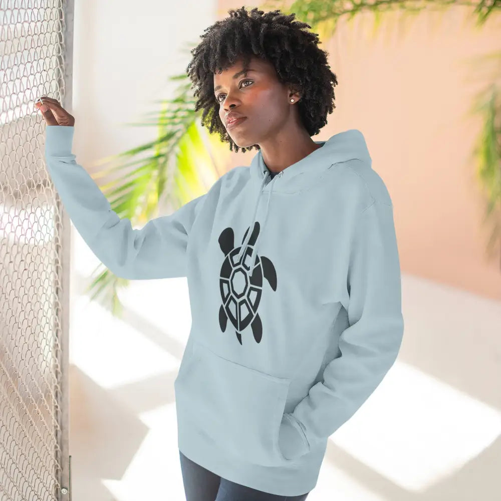 Light blue fleece hoodie with turtle graphic, perfect for casual outings and nature lovers