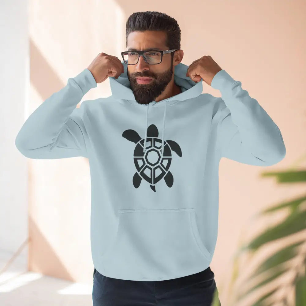 Light blue fleece hoodie with black turtle graphic, perfect for casual outings and nature lovers