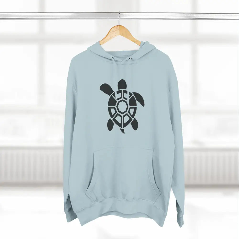 Light blue fleece hoodie with black turtle graphic, perfect for casual outings and nature lovers