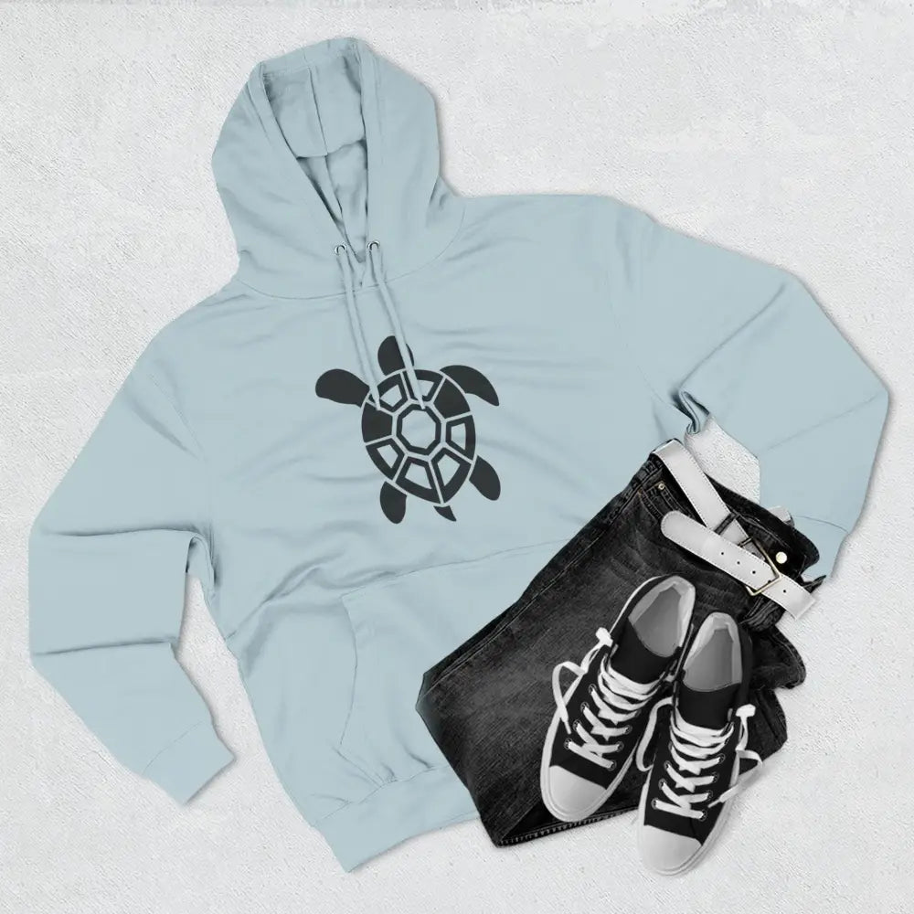 Light blue fleece hoodie with black turtle graphic, perfect for casual outings and nature lovers