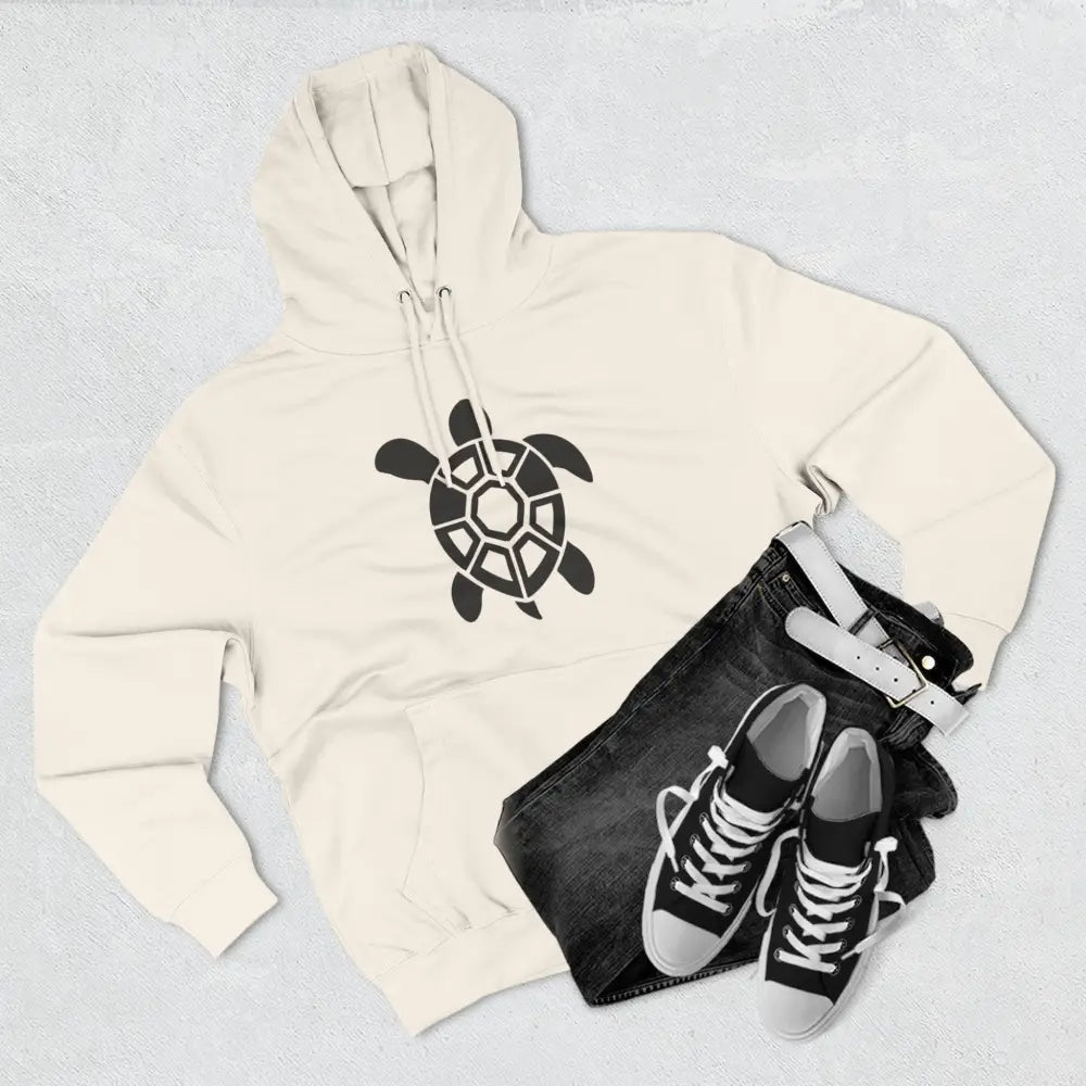 Cream-colored fleece hoodie with black turtle graphic, perfect for casual outings and low heat warmth