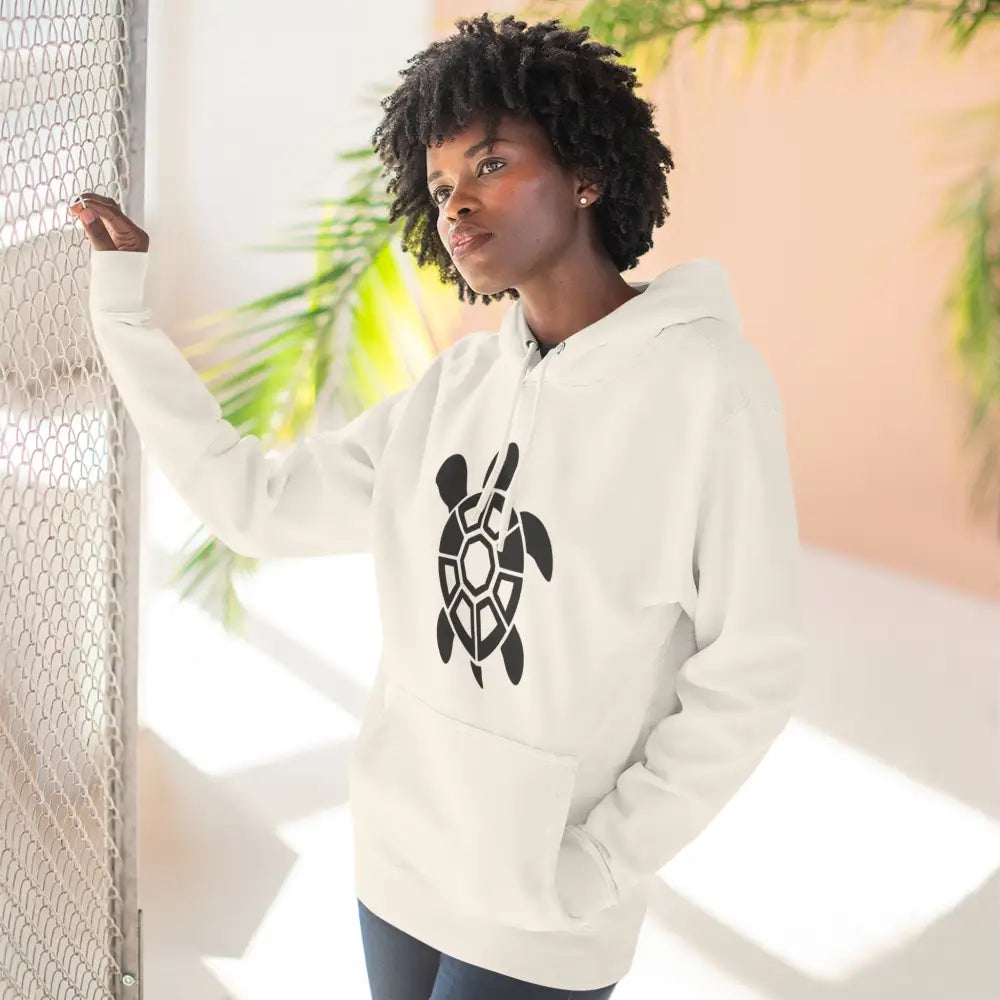 Woman in white fleece hoodie with turtle graphic, perfect for casual outings and nature lovers