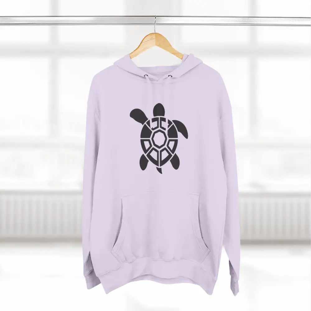 Light purple fleece hoodie with black turtle design, perfect for casual outings and low heat warmth