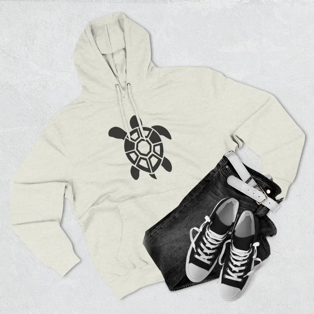 Cream-colored fleece hoodie with black turtle graphic, perfect for casual outings and low heat warmth