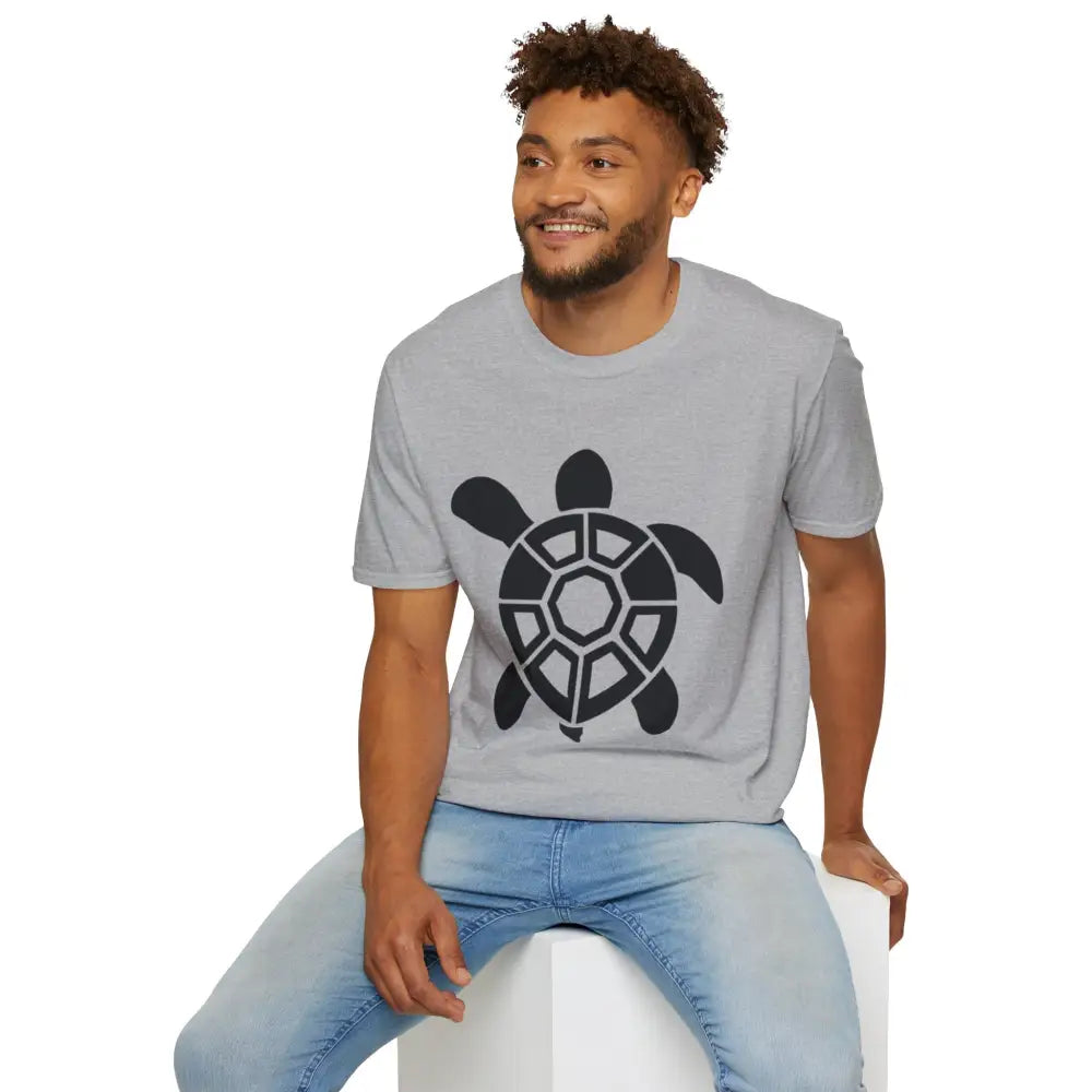 Smiling man in eco-friendly Turtle Graphic Unisex Tee with low heat care instructions