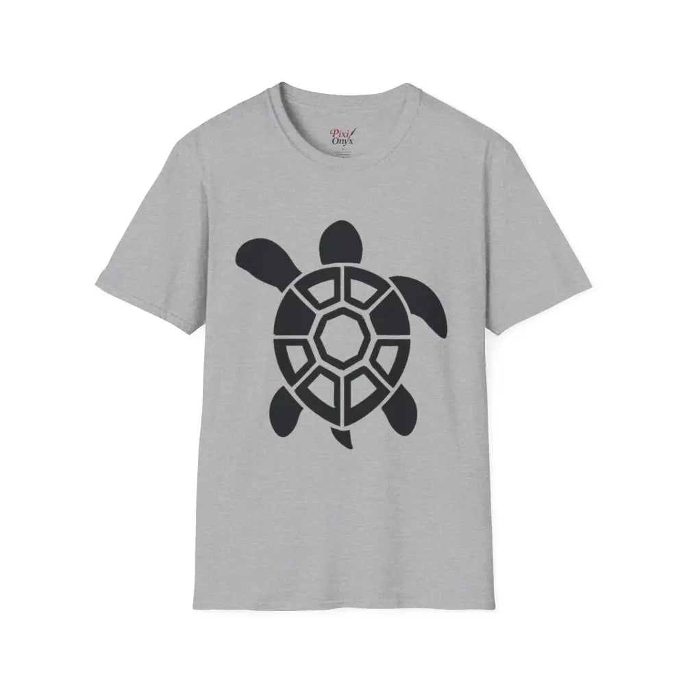 Light grey short-sleeved turtle graphic T-shirt for casual wear and eco-friendly care