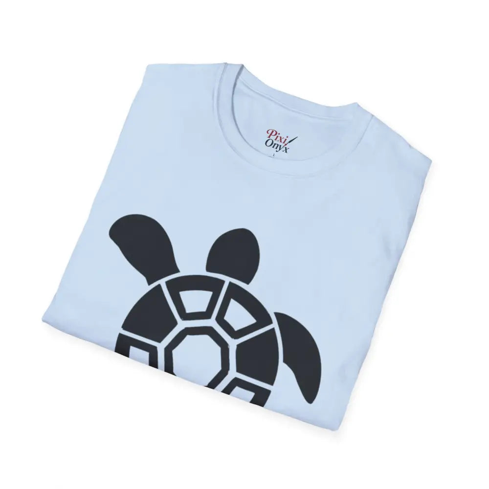 Light blue unisex turtle graphic eco-friendly T-shirt with low heat care instructions