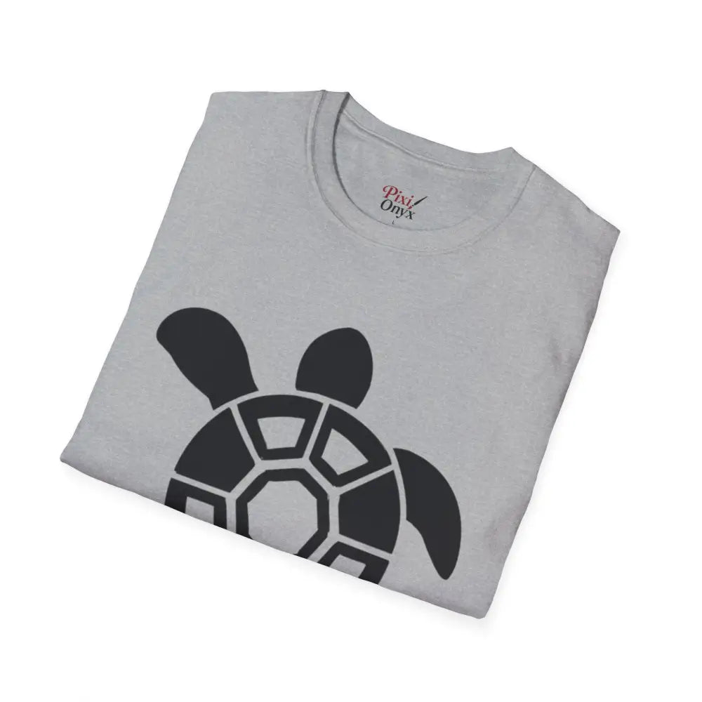 Light gray unisex T-shirt with black turtle graphic, eco-friendly, easy care, low heat tumble dry