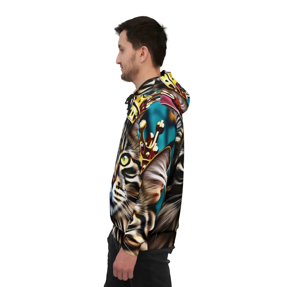 Man wearing a cat-themed hoodie from PixiOnyx Urban Regalwear Crown Meowjesty collection