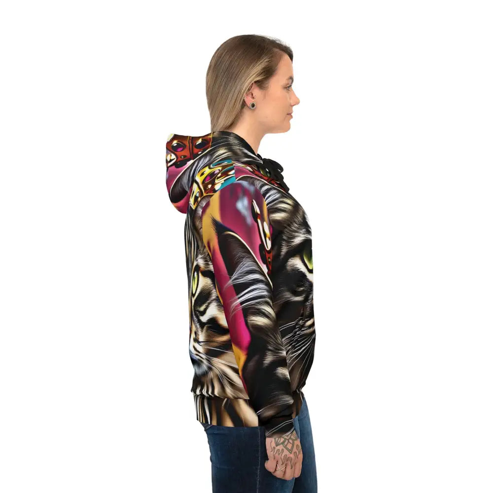 Woman wearing a tiger-print hoodie from PixiOnyx Urban Regalwear Crown Meowjesty collection