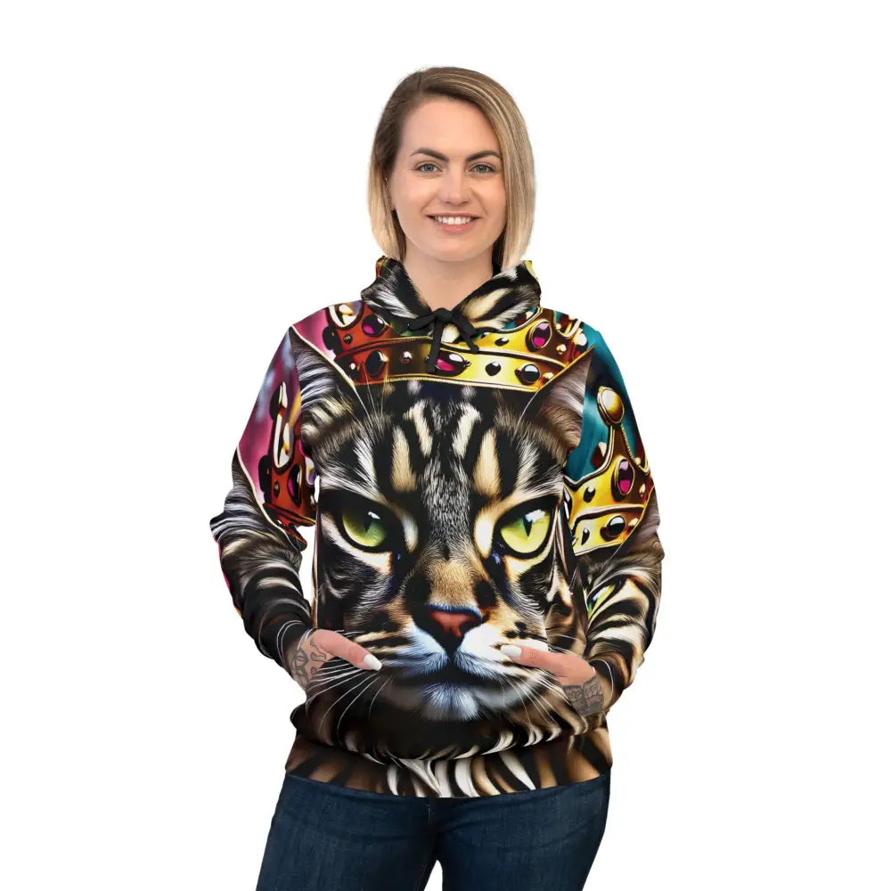 Woman wearing a cat-themed hoodie from PixiOnyx Urban Regalwear Crown Meowjesty collection