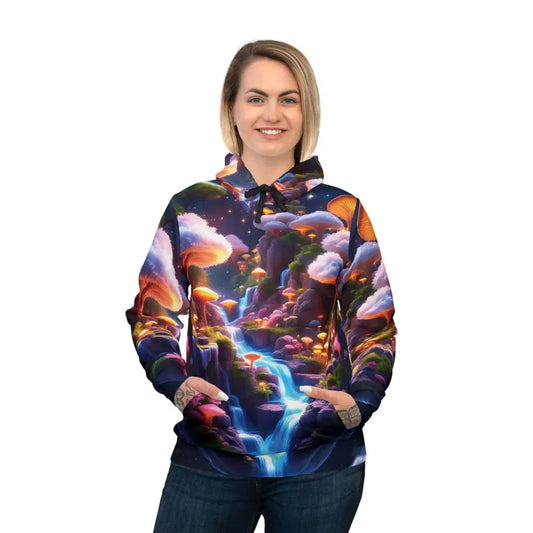Woman wearing a colorful mushroom-themed unisex athletic hoodie from PixiOnyx Celestial Comfort Series