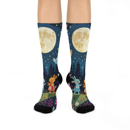 Unisex folk art forest knee-high socks with moon, stars, trees, and cartoon rabbits