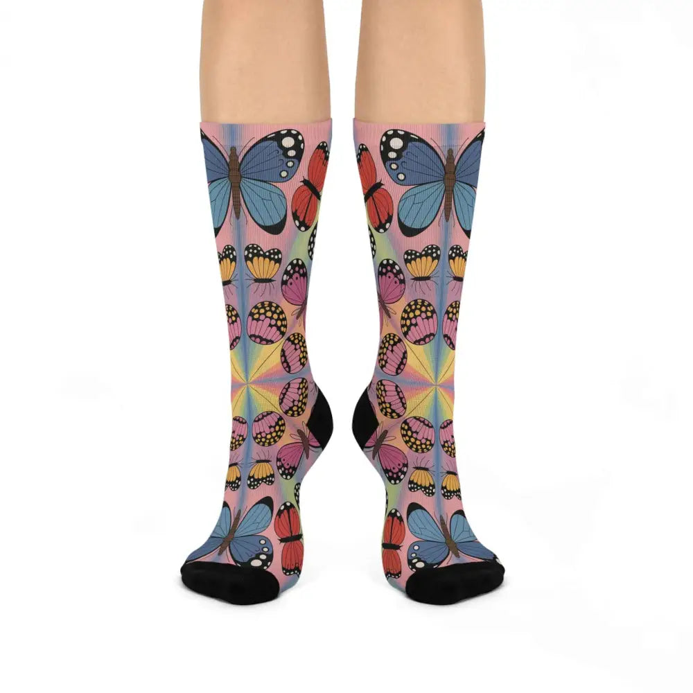 Unisex Cushioned Crew Socks Kaleidoscope Flight with vibrant butterfly and geometric pattern