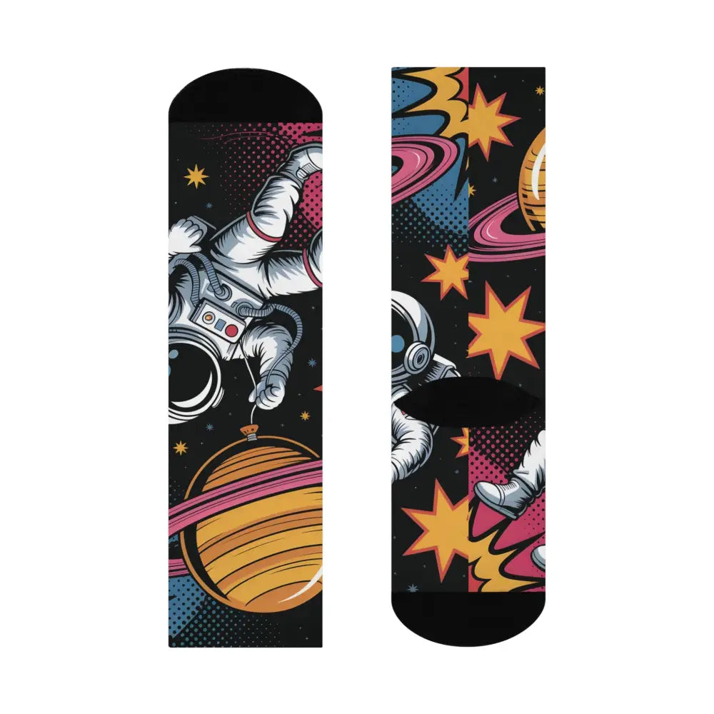 Black cushioned crew socks with Saturn Balloon space design featuring astronauts and stars