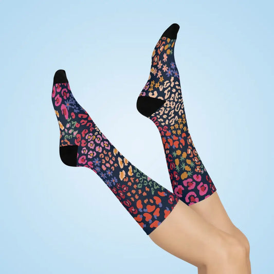 Colorful leopard print cushioned crew socks with vibrant pebble pattern from PixiOnyx