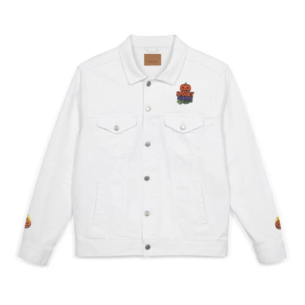 White denim jacket with Halloween patches for spooky season, machine wash gentle cycle