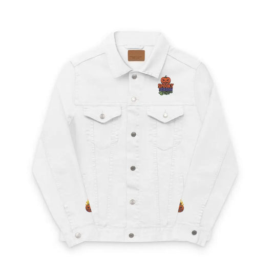 White denim jacket with Halloween embroidery for spooky season, machine wash gentle cycle