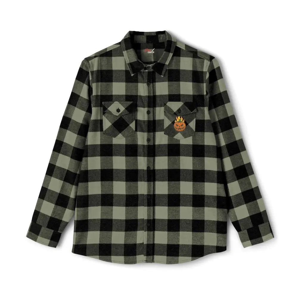 Men’s black and sage green plaid flannel shirt with flaming pumpkin patch for Halloween