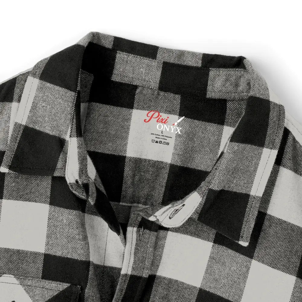 Black and white buffalo check long-sleeve flannel shirt with flaming pumpkin design by Trading Company EXP50F