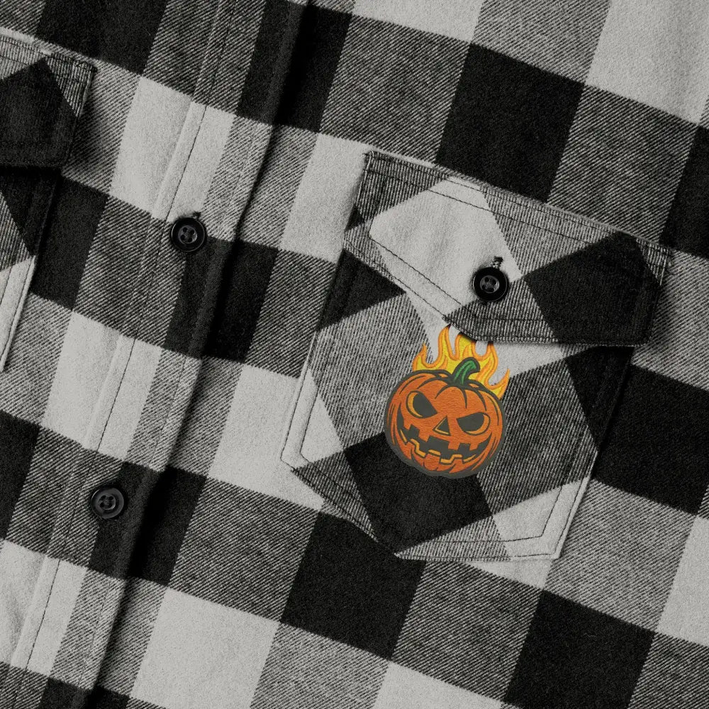 Black and white plaid flannel shirt with flaming pumpkin pocket from PixiOnyx Halloween edition
