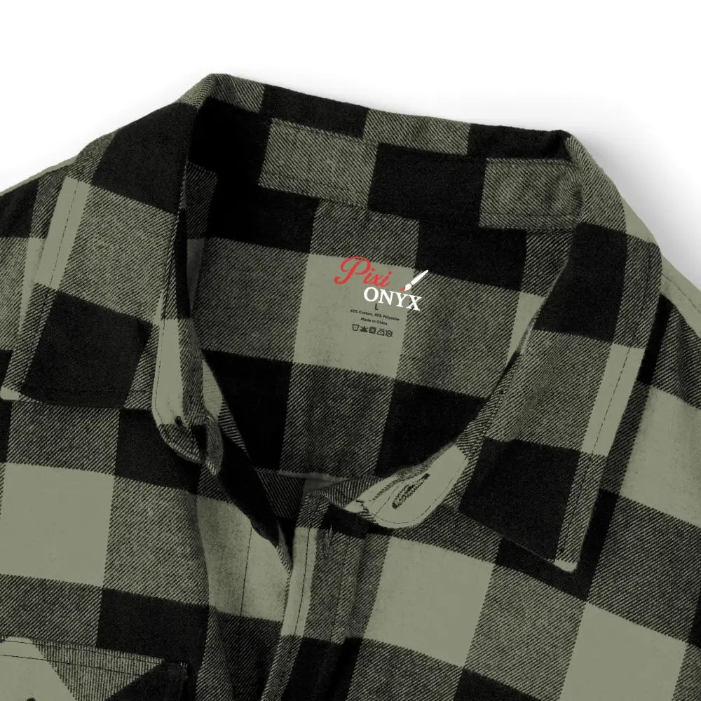 Black and olive green buffalo plaid flannel shirt with flaming pumpkin design by Trading Company EXP50F
