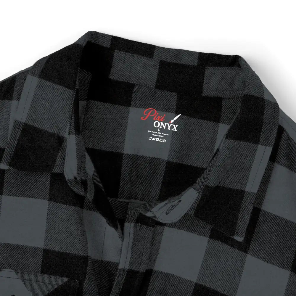 Black and grey buffalo plaid flannel shirt with flaming pumpkin design for Halloween