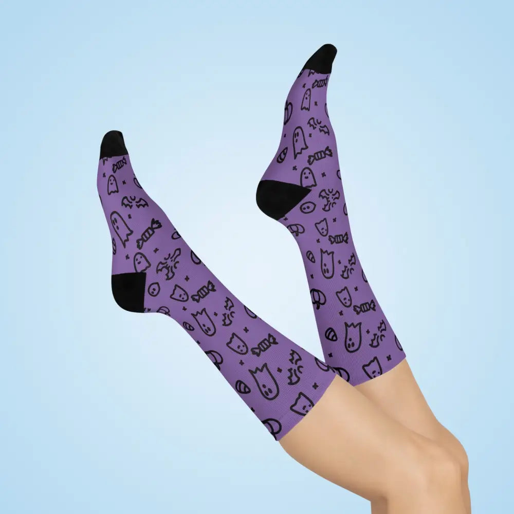 Purple Halloween cushioned crew socks with spooky ghost and pumpkin patterns