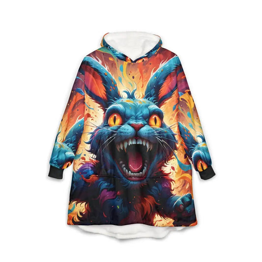 Hooded blanket with a snarling rabbit design from PixiOnyx Cozy Psychedelic Throw Collection