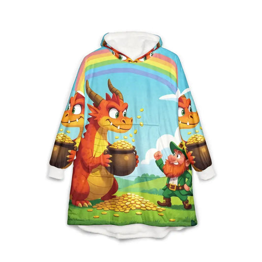 Oversized hooded blanket with dragon and leprechaun design from PixiOnyx Cozywear Wrap