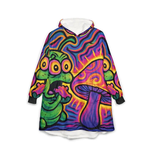 Unisex Hooded Blanket with psychedelic mushroom and caterpillar design for cozy comfort