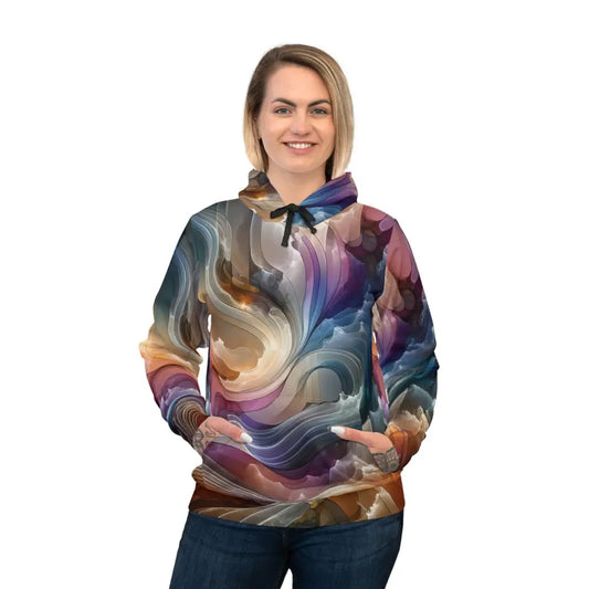 Colorful abstract-patterned unisex hoodie from PixiOnyx Celestial Layer Flux streetwear