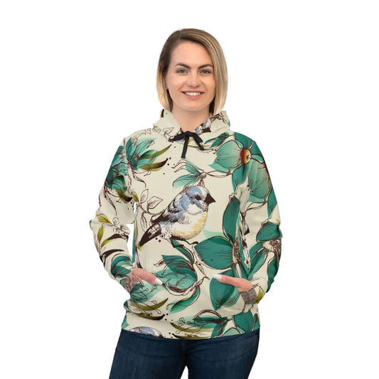 Woman wearing a bird-patterned hoodie from PixiOnyx Elegant Naturewear
