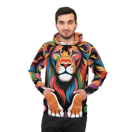 Unisex Groove King hoodie with colorful lion print and paw-shaped pockets by Honson Ventures Limited