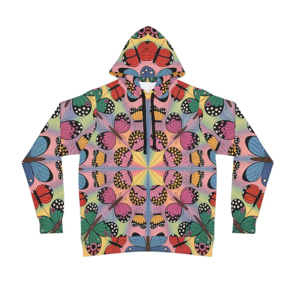 Colorful butterfly pattern hoodie from PixiOnyx Vibrant Activewear showcasing Kaleidoscope Flight design