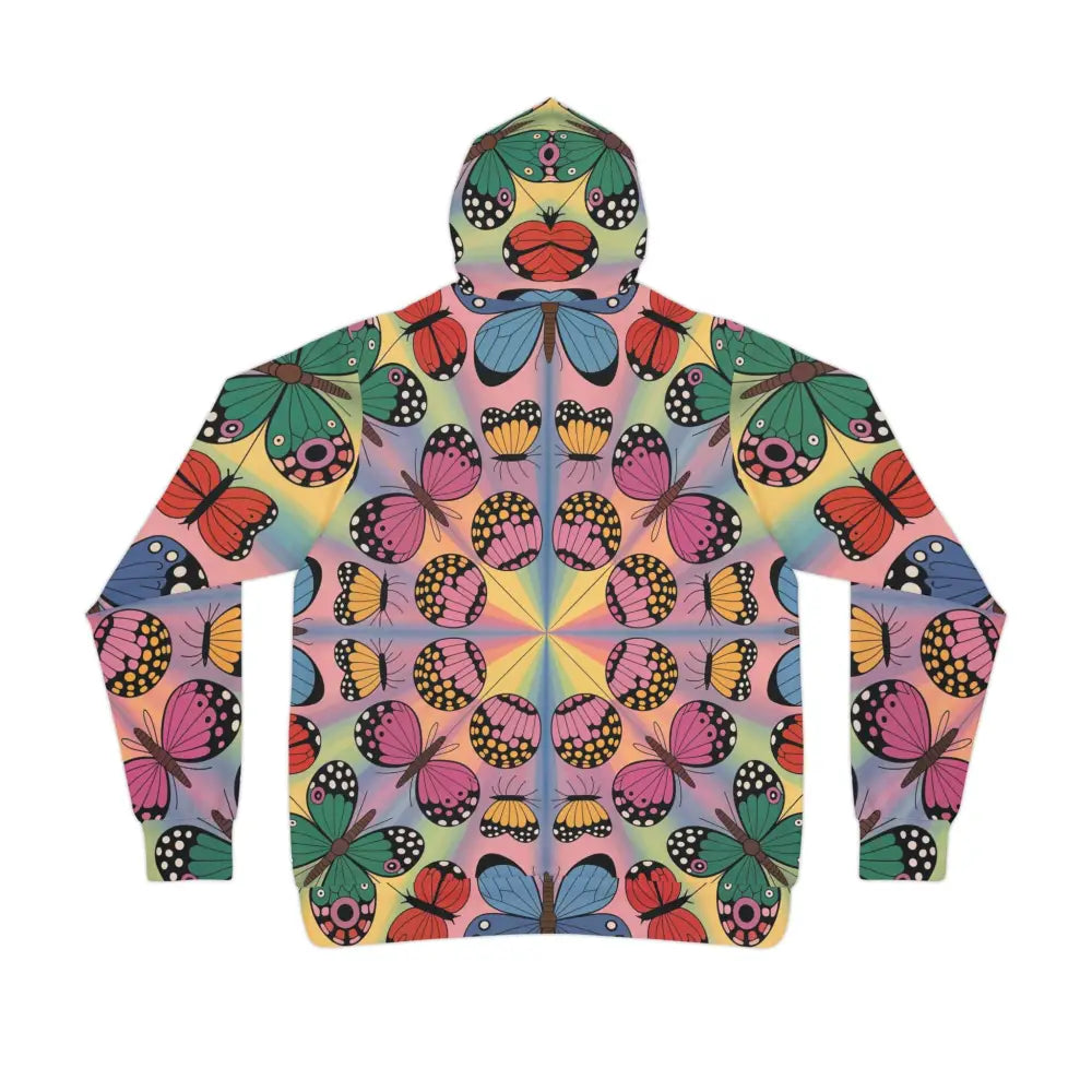 Hooded sweatshirt with colorful butterfly pattern from Kaleidoscope Flight by PixiOnyx Vibrant Activewear