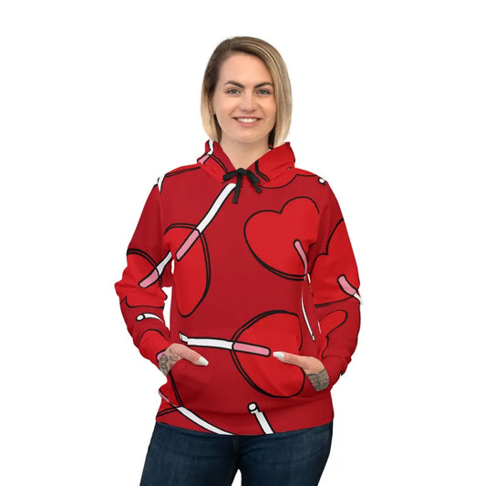 Red hoodie with heart and lollipop pattern from PixiOnyx Lick Me Later Candycore Drop