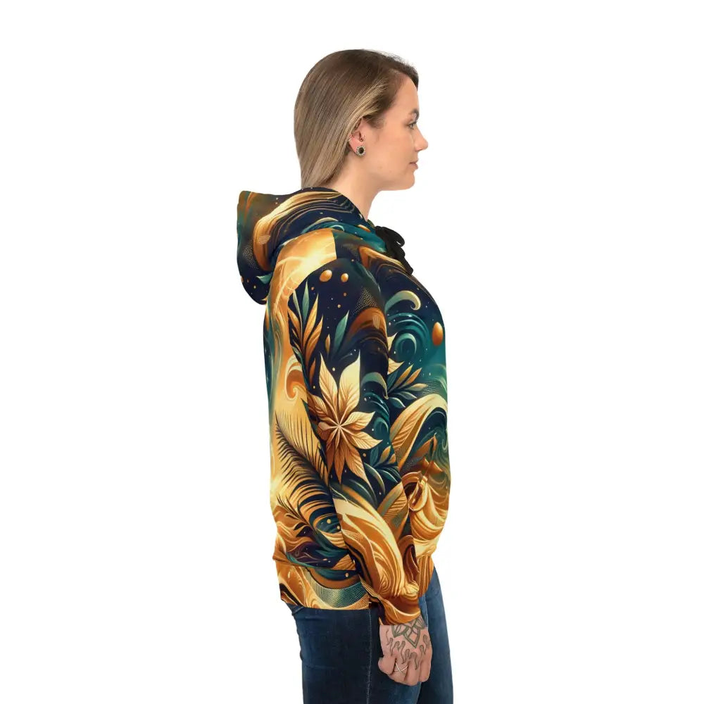 Woman wearing a floral-patterned hoodie from PixiOnyx Nebula Bloom Cascade collection