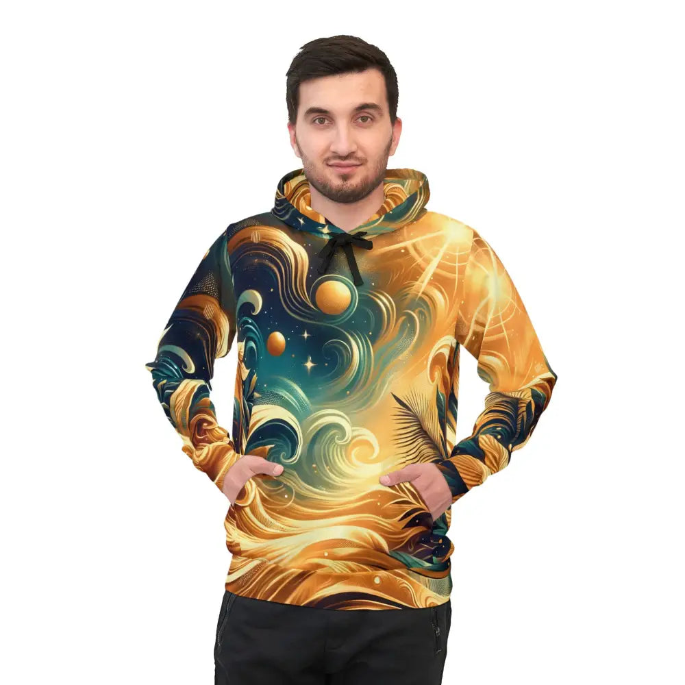 Artistic Hoodie showcasing Nebula Bloom Cascade design from PixiOnyx Celestial Swirlwear Pullover