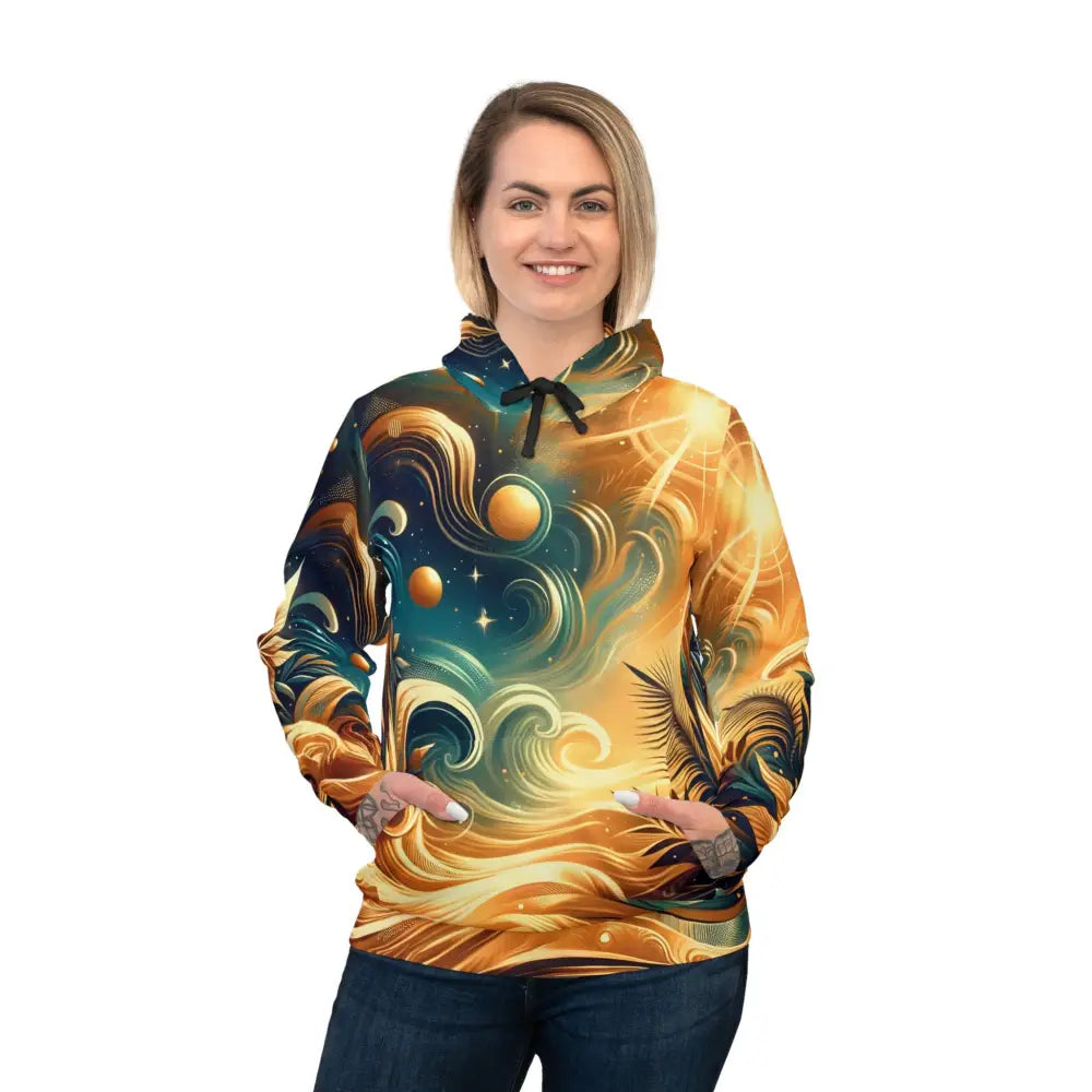 Woman wearing a colorful Nebula Bloom Cascade Hoodie from PixiOnyx Celestial Swirlwear