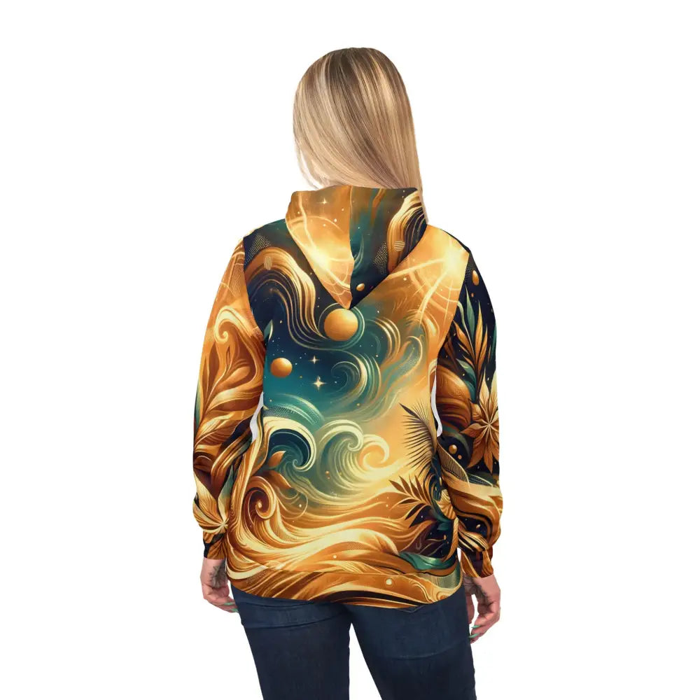 Artistic unisex hoodie with celestial nebula and swirl design from PixiOnyx Cascade