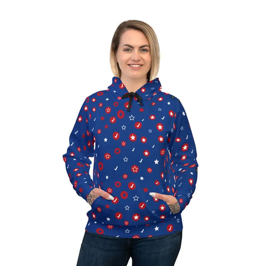 Blue hoodie with red and white patterns from PixiOnyx Orbit Pop Cosmic Corewear